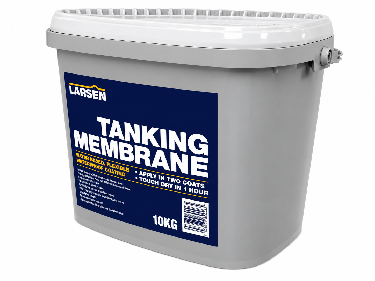 A 10kg plastic bucket of Larsen Tanking Membrane waterproofing coating, featuring a gray body, white lid, and a prominent blue label with white text.
