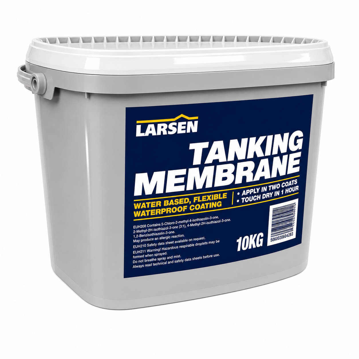A 10kg plastic bucket of Larsen Tanking Membrane waterproof coating, featuring a white bucket with a large blue and white label.