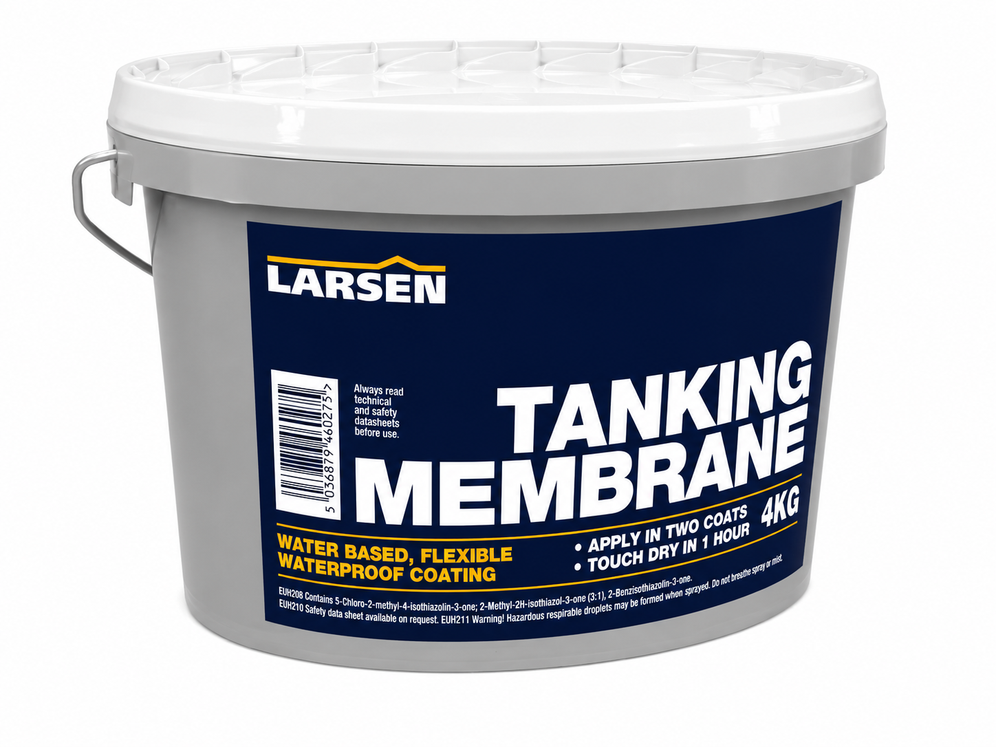 A 4kg plastic bucket of Larsen Tanking Membrane waterproof coating, featuring a dark blue label with white text and a white lid, on a white background.