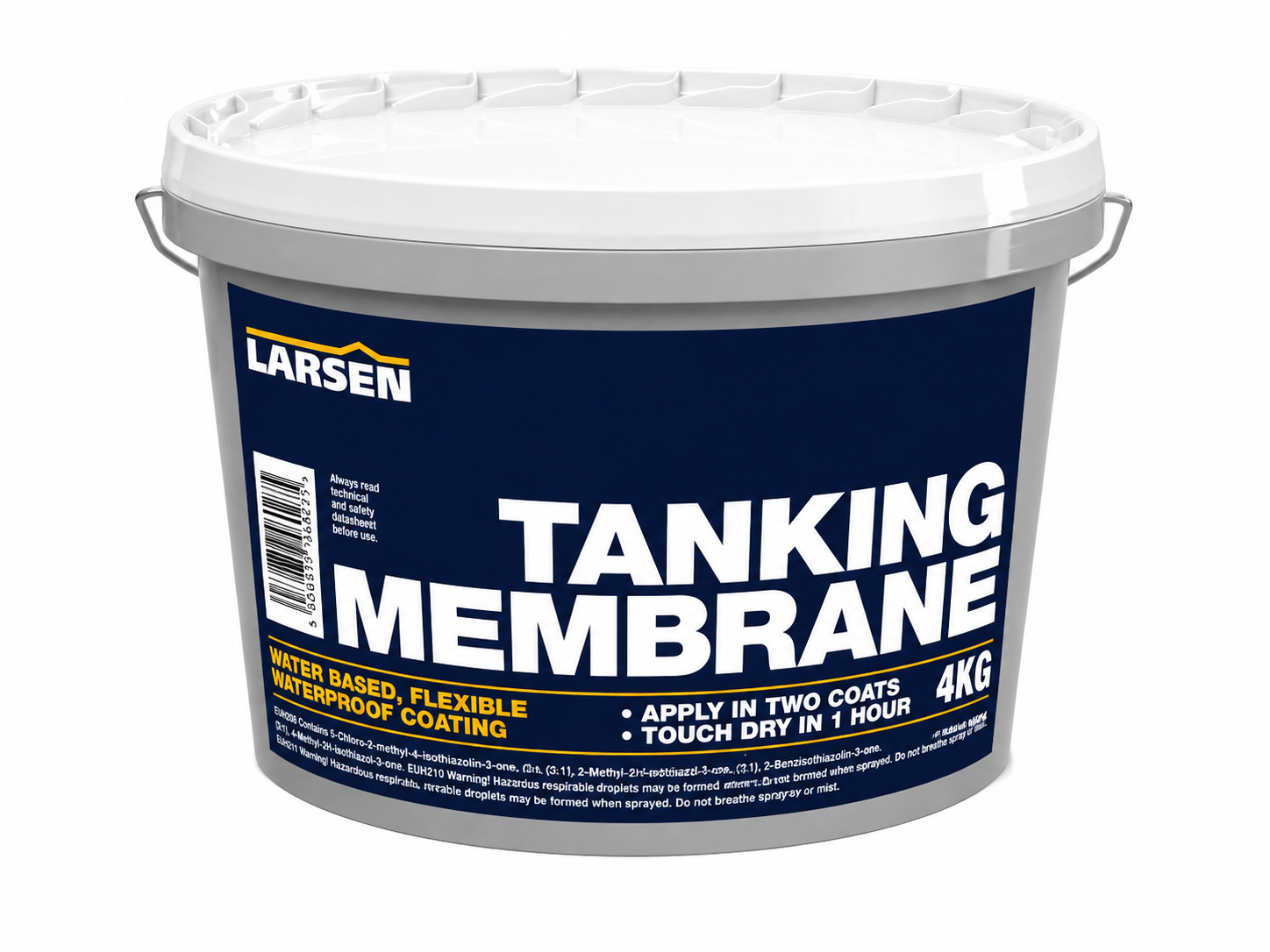 A 4kg white plastic bucket of Larsen Tanking Membrane waterproof coating, featuring a navy blue label with white text.