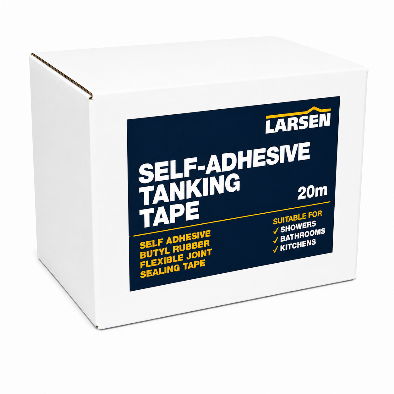 A white cardboard box of Larsen Self-Adhesive Tanking Tape, 20m length, featuring a dark navy blue label with yellow and white text.