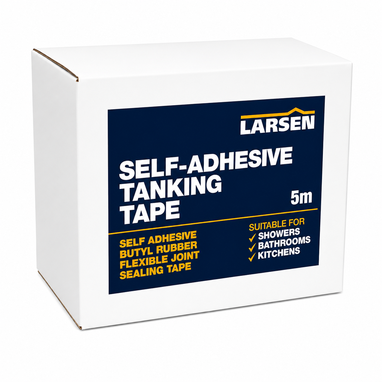 A white cardboard box of Larsen Self-Adhesive Tanking Tape, 5 meters, featuring a navy blue label with white and yellow text.
