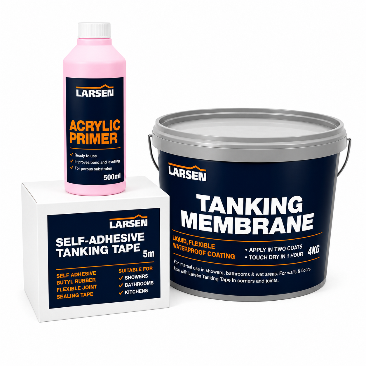 Larsen waterproofing kit including a pink bottle of acrylic primer, a large grey bucket of tanking membrane, and a white box of self-adhesive tanking tape on a white background.