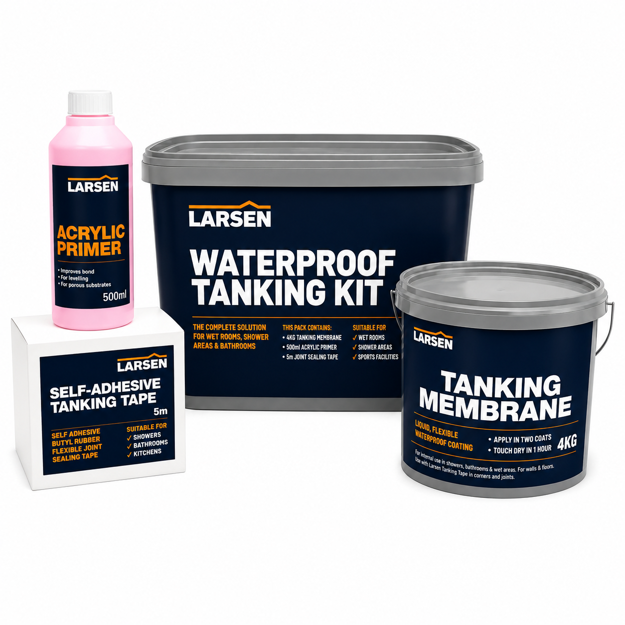 Larsen Tanking Kit product set including a large Waterproof Tanking Kit bucket, a Tanking Membrane can, a bottle of Acrylic Primer, and a box of Self-Adhesive Tanking Tape on a white background.
