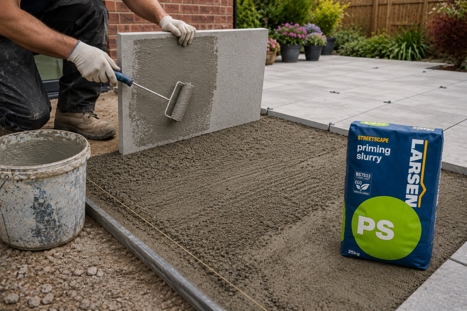 A person wearing gloves applies priming slurry to a paving stone with a roller, with a bag of Larsen Priming Slurry and a bucket of wet slurry on a paved outdoor patio.