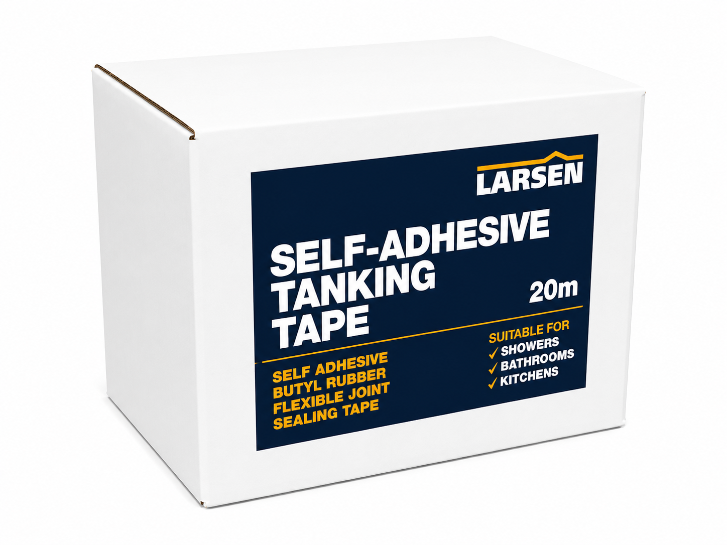 A white cardboard box of Larsen Self-Adhesive Tanking Tape, 20m length, featuring a dark navy blue label with white and yellow text.