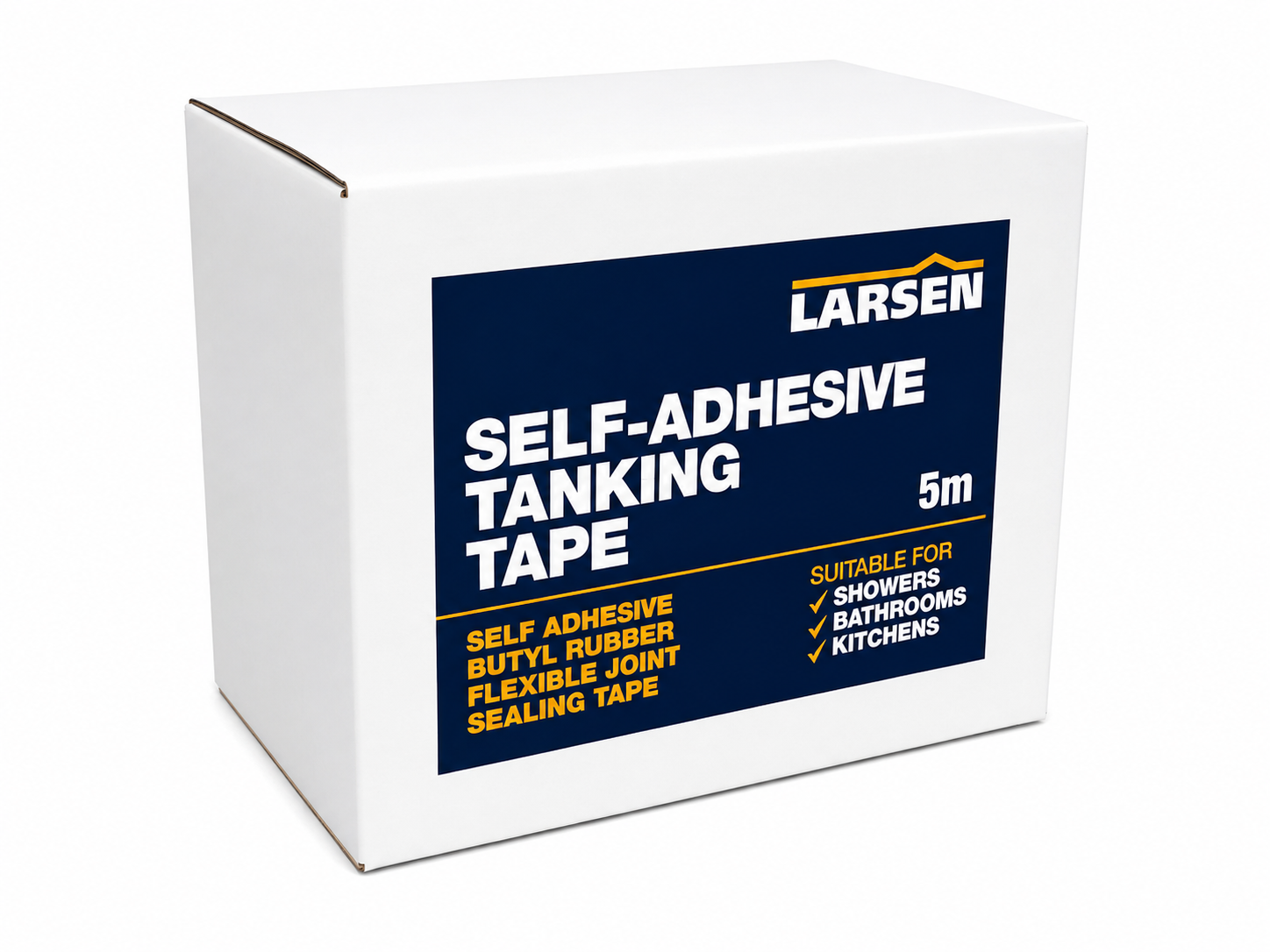 A white cardboard box of Larsen Self-Adhesive Tanking Tape, featuring a dark blue label with white and yellow text on a clean white background.