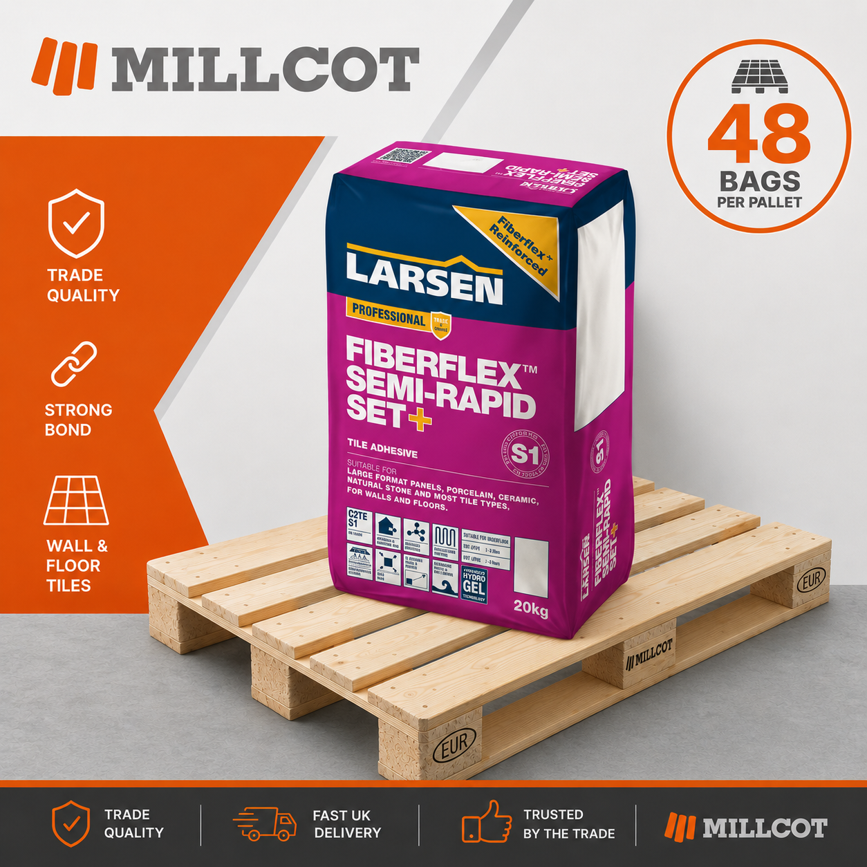 Larsen Fibreflex Semi-Rapid Set+ S1 tile adhesive white 20kg full pallet 48 bags