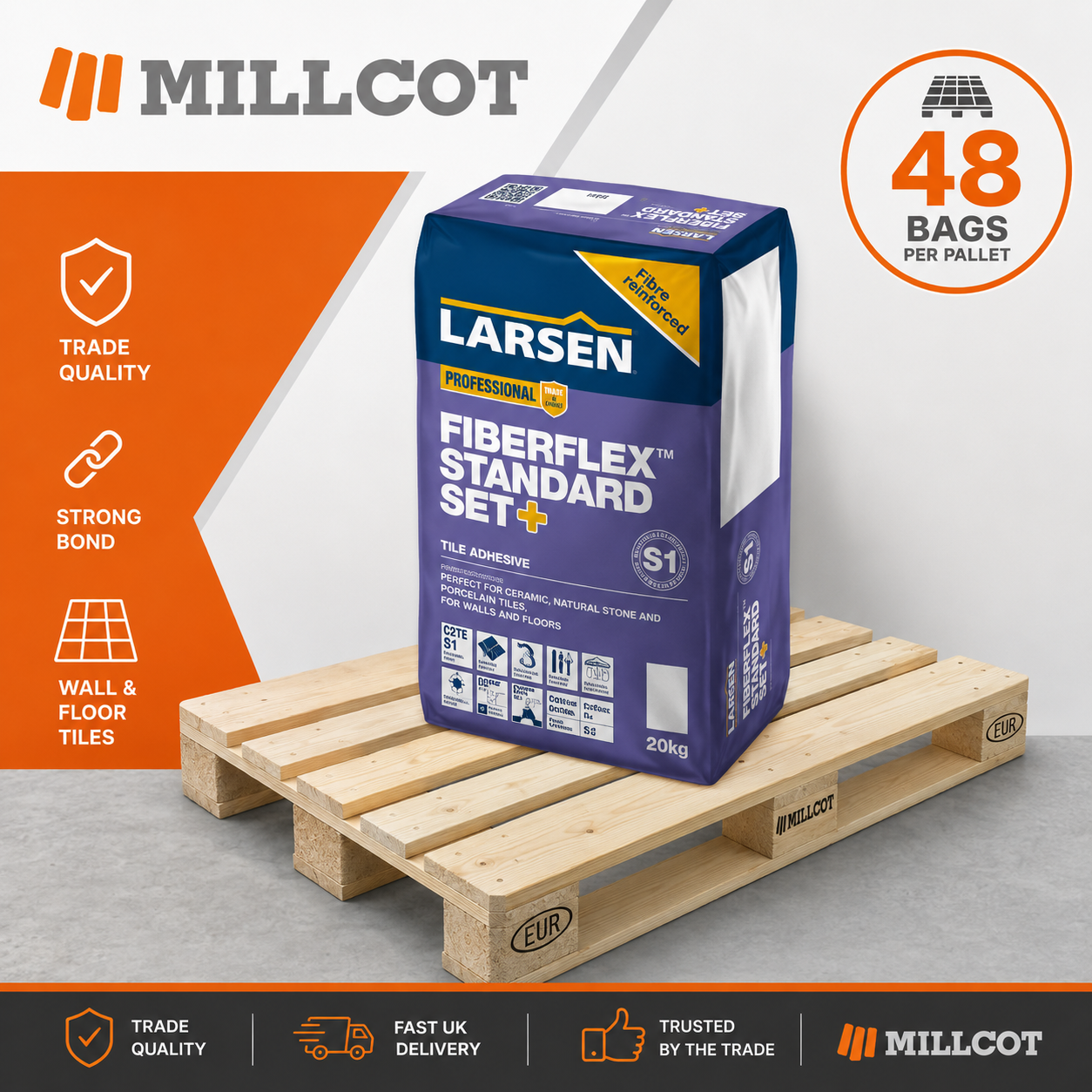 Larsen Fibreflex Standard Set+ C2 S1 tile adhesive white 20kg full pallet 48 bags
