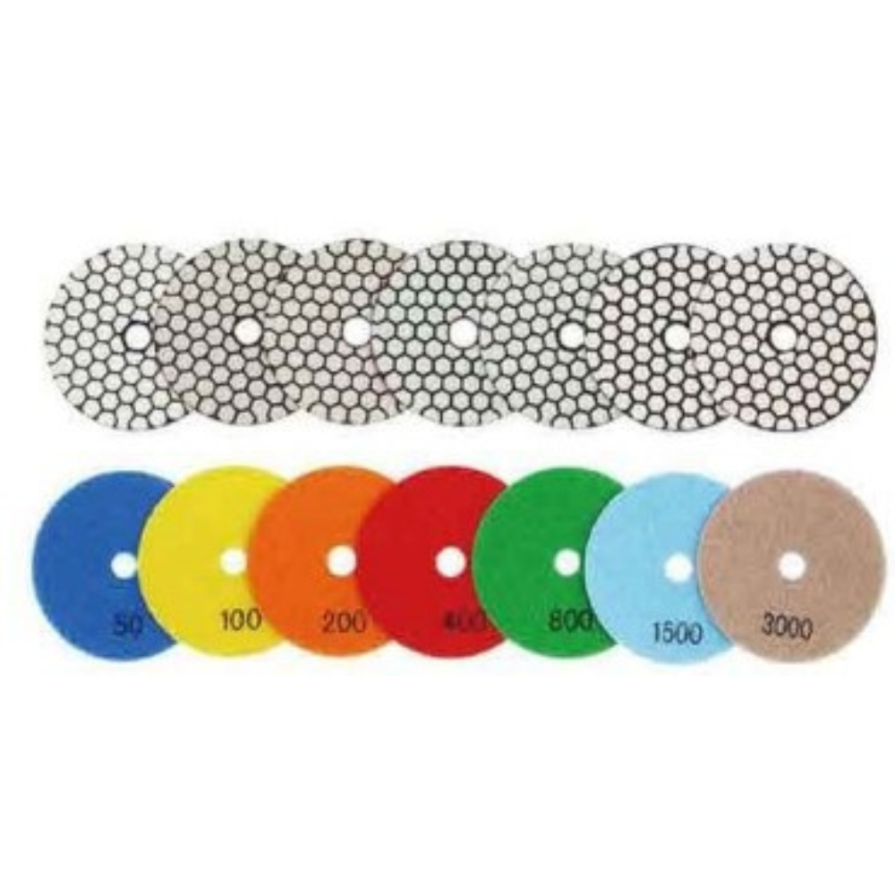 MILLCOT Dry Diamond Polishing Pads — main packshot of the diamond pad set used for dry polishing of porcelain, granite, and natural stone.