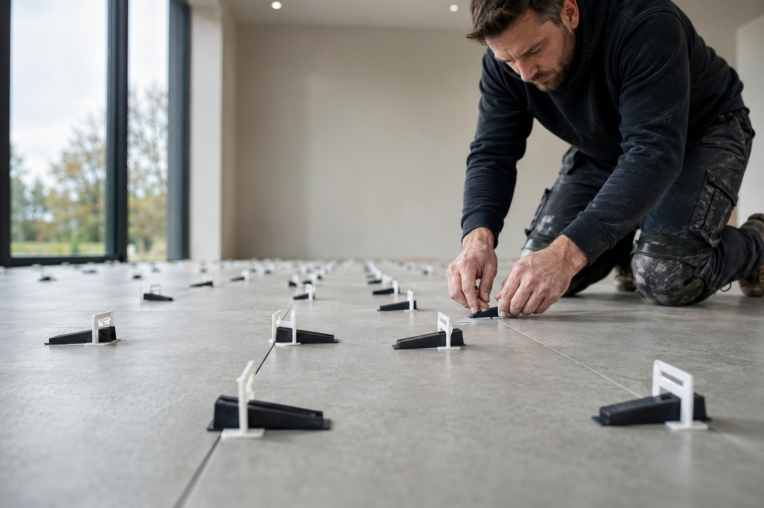 A man kneels on a large gray tile floor, adjusting black and white MTS tile leveling wedges and clips in a bright room with tall windows.