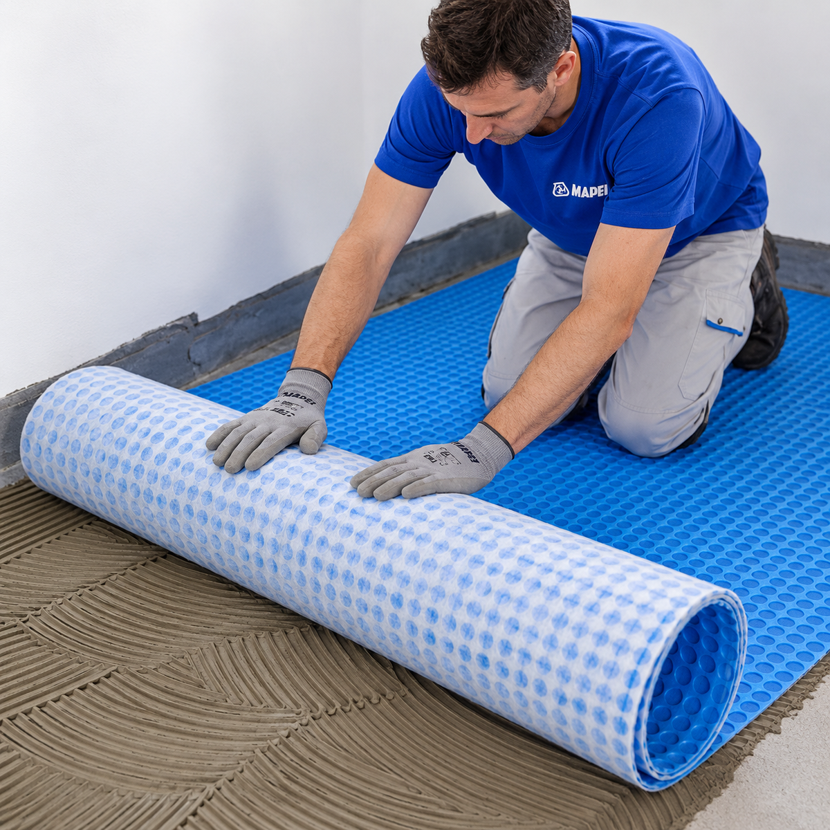 Mapei MAPEGUARD UM 35 uncoupling membrane being installed over tile adhesive