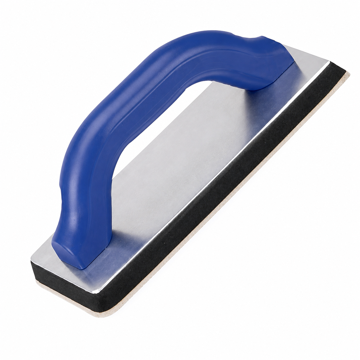 Blue ergonomic handled grout float with black rubber pad and metal backing plate, angled on a white background.