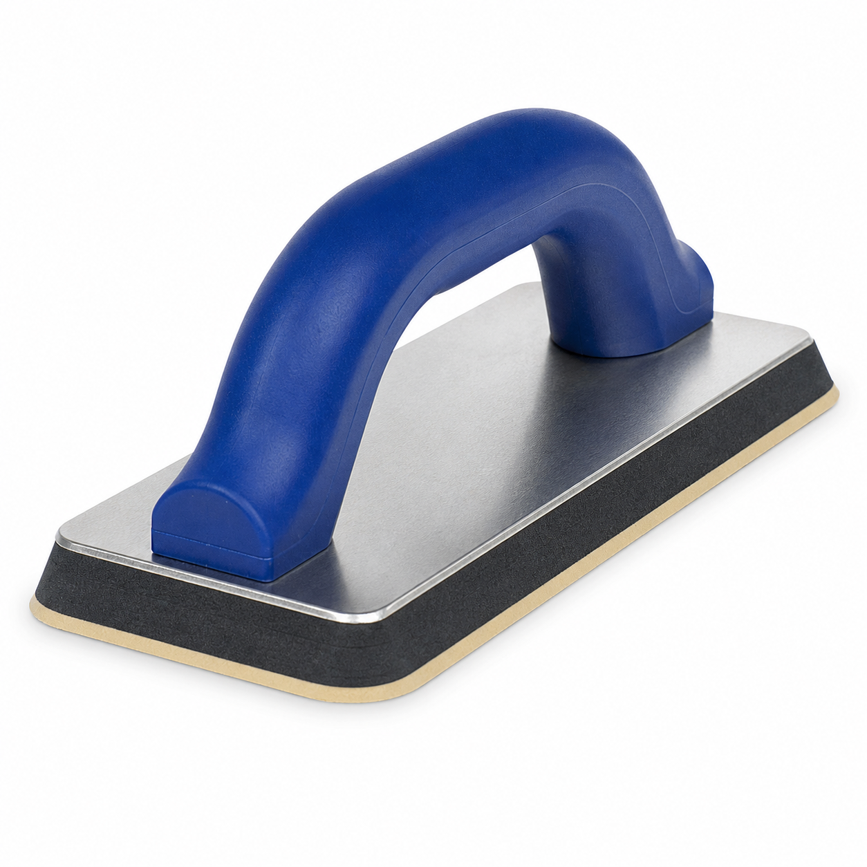 Blue handled grout float with rubber base and metal backing plate on a clean white background.
