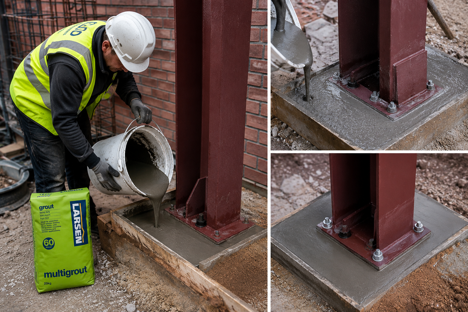 A construction scene showing a worker in a high-visibility vest pouring non-shrink grout from a bucket onto a base plate attached to a red steel column. A bag of Larsen multigroun concrete is visible on the ground, and two inset close-ups on the right show the concrete base and bolted steel beam connection.