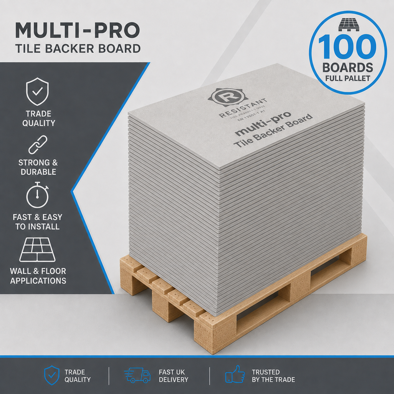 Multi-Pro Tile Backer Board 1200x800mm full pallet of 100 boards banded and ready for despatch