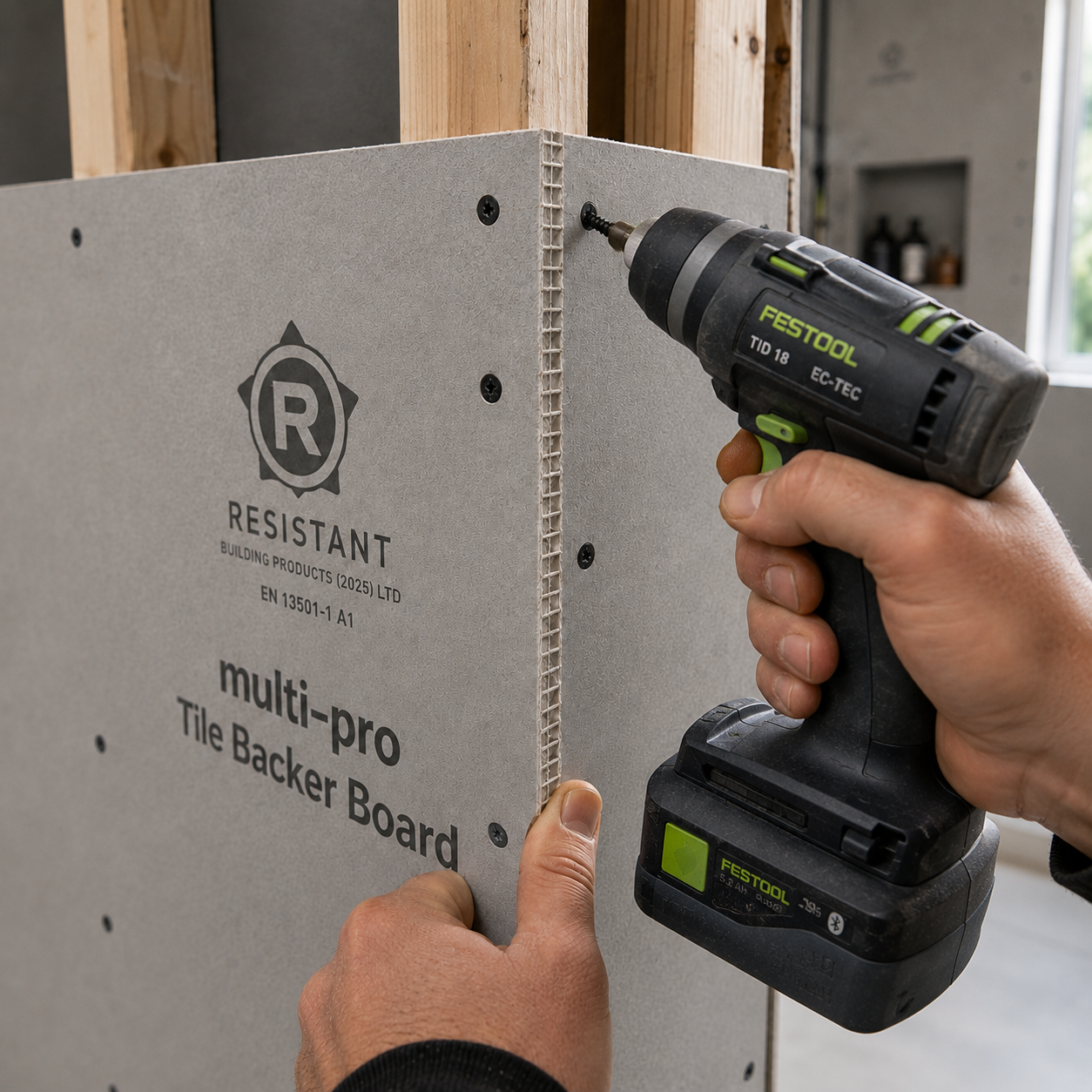 Multi-Pro Tile Backer Board cut cleanly to size, showing easy handling and precise score-and-snap installation.