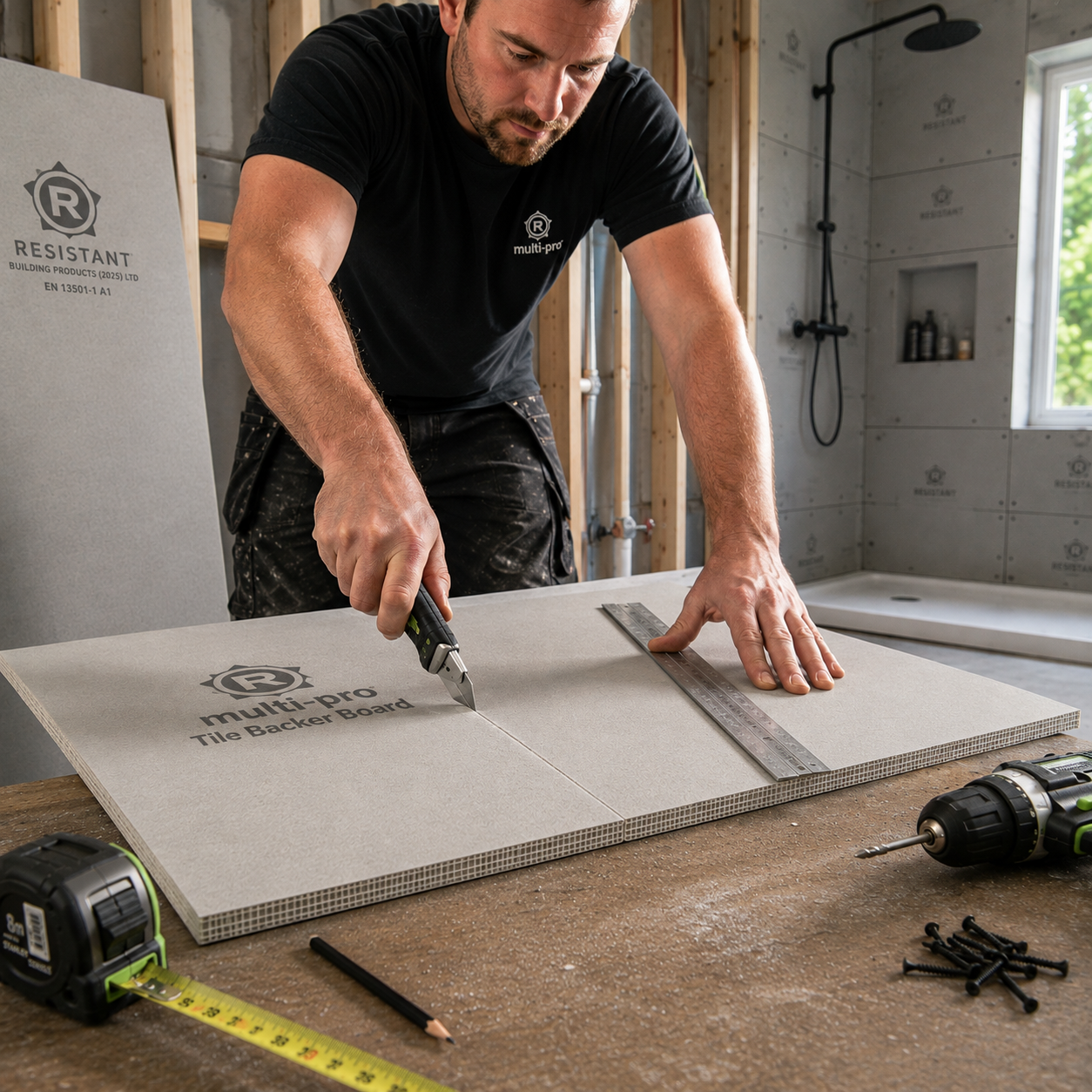 Multi-Pro Tile Backer Board being scored with a utility knife for quick score-and-snap cutting on site.