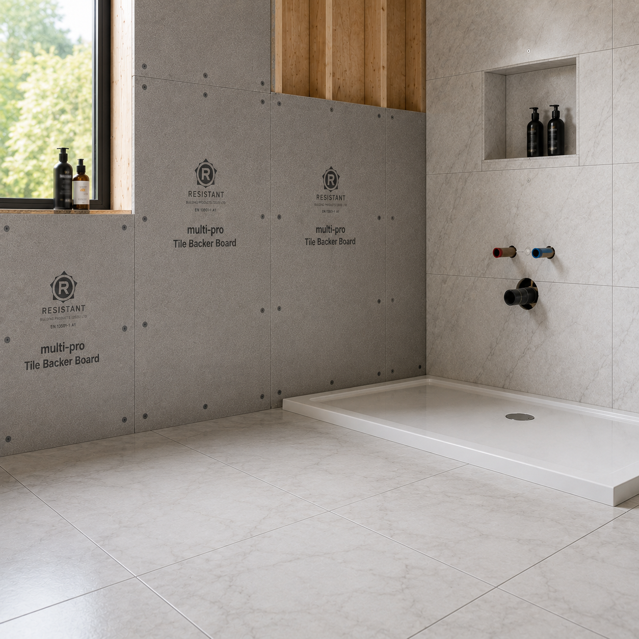 Completed Multi-Pro Tile Backer Board installation creating a smooth, moisture-resistant surface ready for tiling.