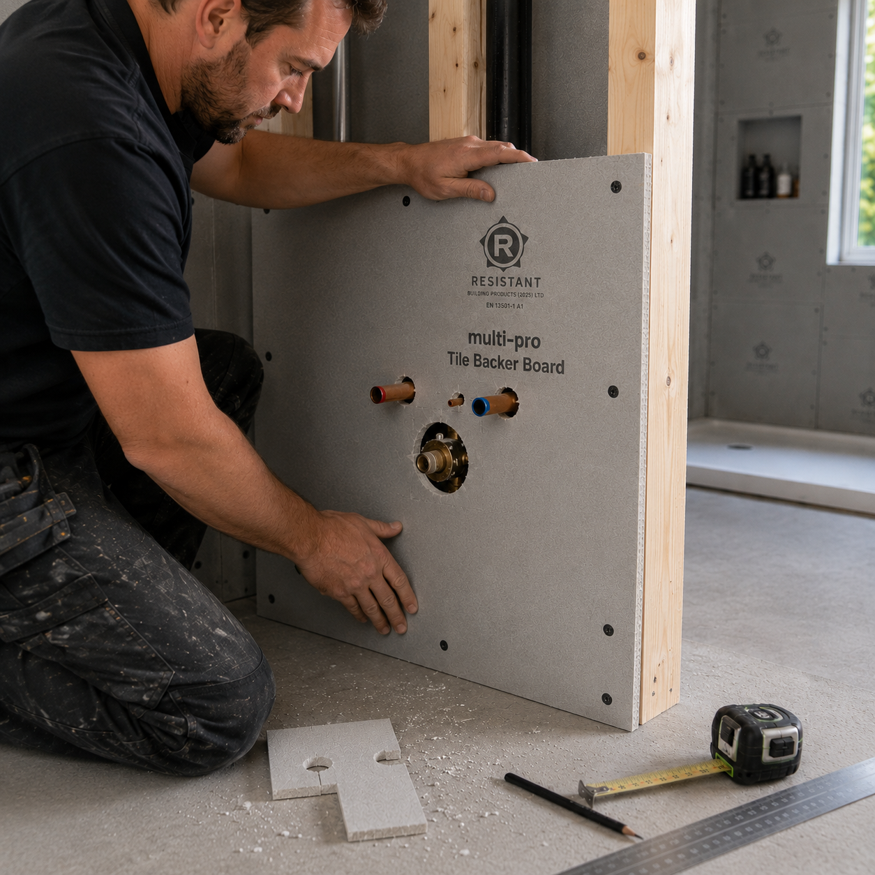 Multi-Pro Tile Backer Boards fitted neatly to timber wall framing ready for tiling in a wetroom or bathroom.