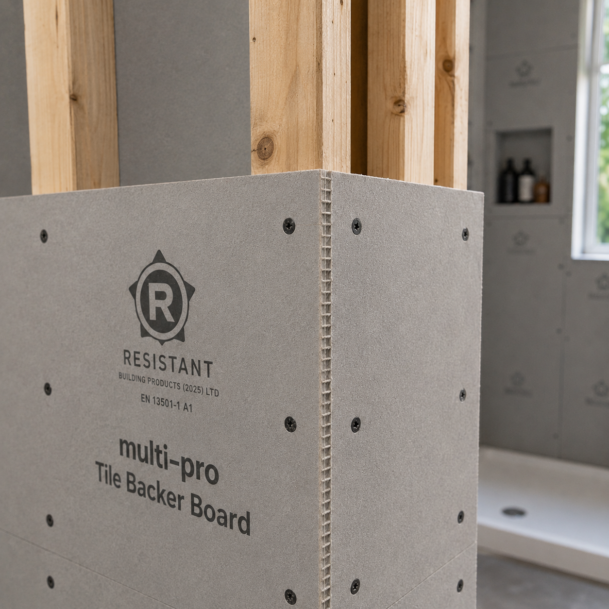 Multi-Pro Tile Backer Board securely fixed to timber framing with screws close to the board edges and corners.