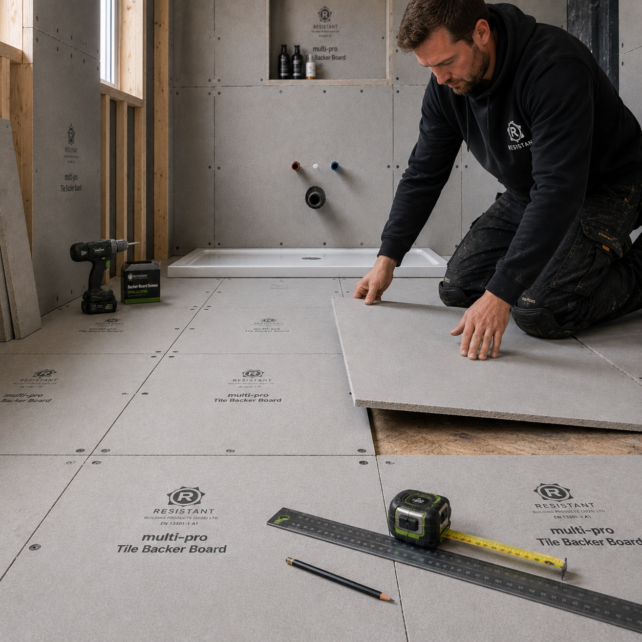 Multi-Pro Tile Backer Board installed across a floor as a stable tile substrate ready for adhesive and tiles.