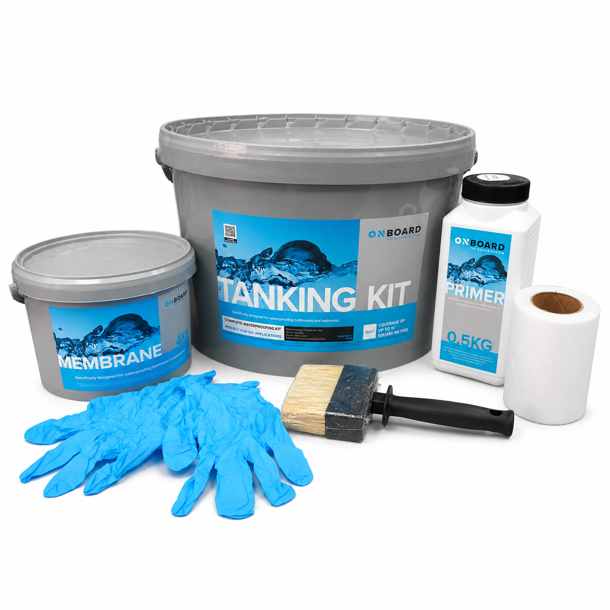 Onboard Tanking Kit with a large gray bucket, a smaller gray tub labeled Membrane, a bottle of Primer, a roll of waterproofing tape, blue gloves, and a brush on a white background.