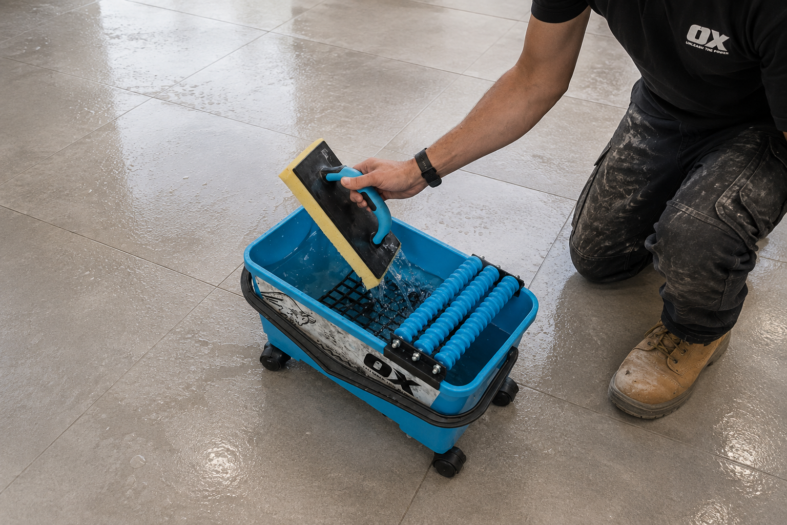 A person kneels on a polished stone floor using a OX branded washboy, showing water and cleaning action.