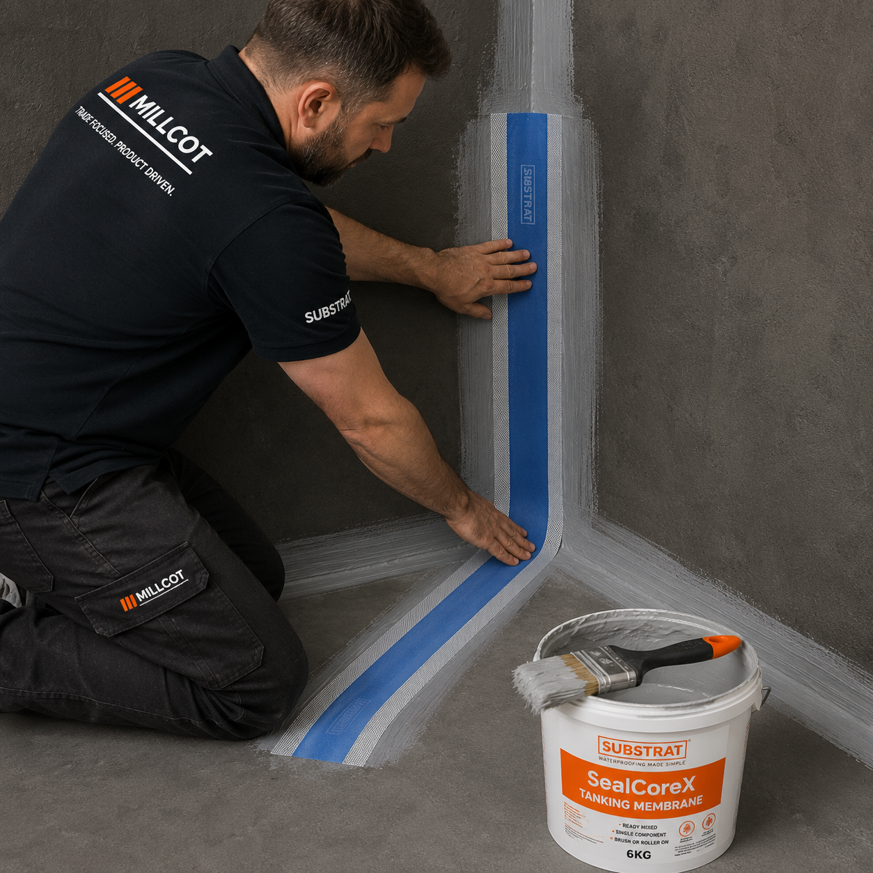 Tradesperson applying ProfiX Pro fabric tanking tape into a floor-to-wall corner joint during wetroom waterproofing, with Substrat SealCoreX tanking membrane