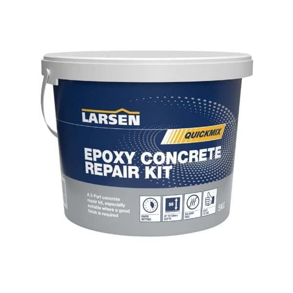 Larsen Quickmix Epoxy Concrete Repair Kit grey bucket — main packshot of the two-part epoxy repair mortar in the Quickmix-branded tub.