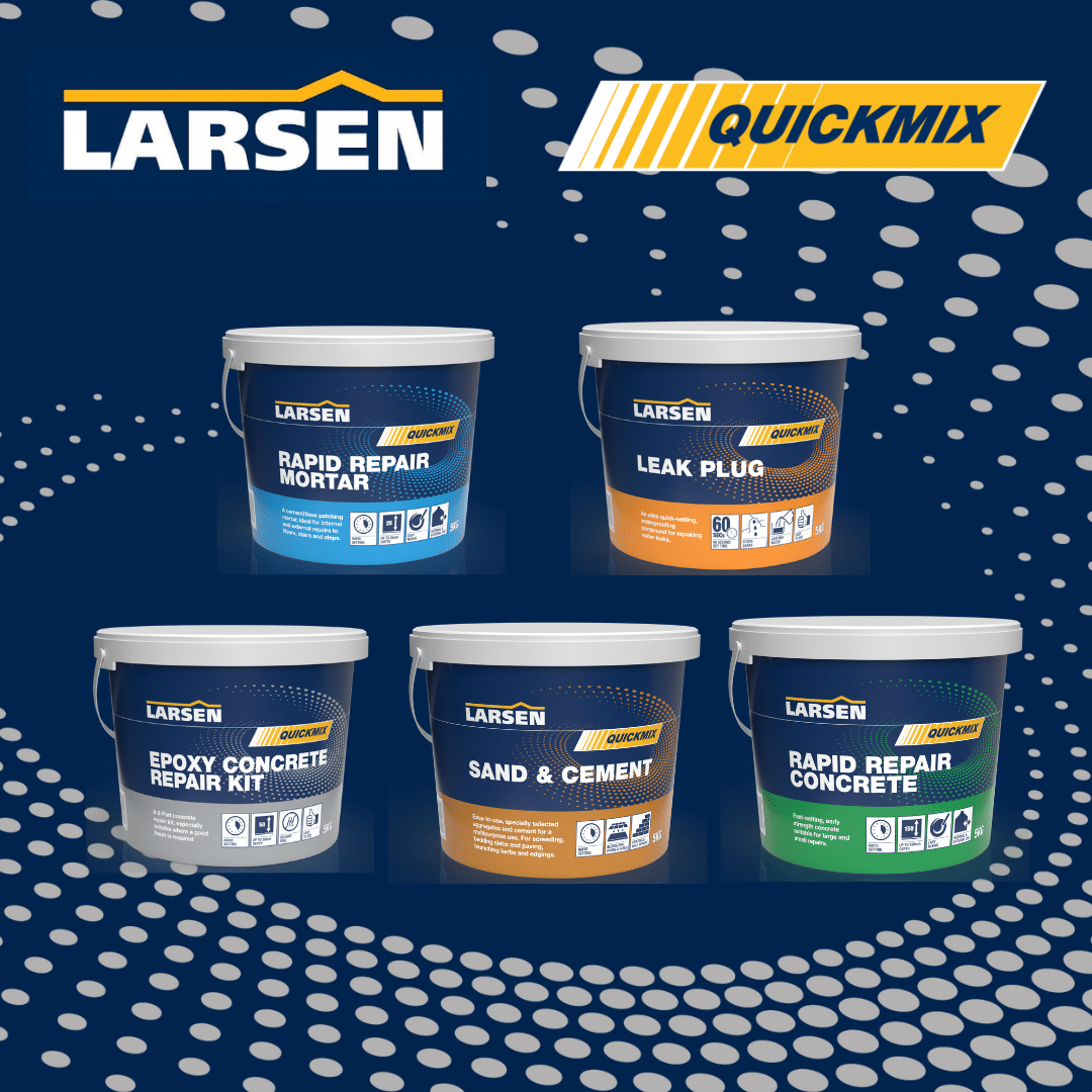 Larsen Quickmix range launch graphic featuring Sand & Cement — brand campaign visual placing the product within the wider Quickmix small-bag mortar lineup.