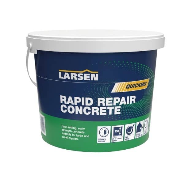 Larsen Quickmix Rapid Repair Concrete secondary product view — alternative angle of the green bucket pack on a plain background.