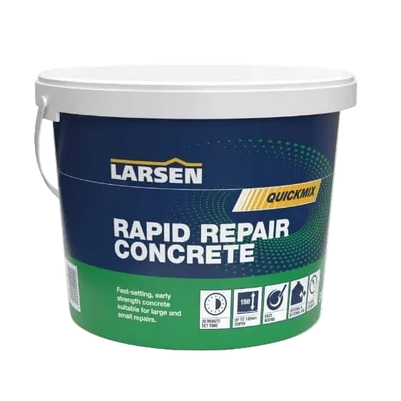 Larsen Quickmix Rapid Repair Concrete green bucket — main packshot of the polymer-modified rapid-set concrete repair compound.