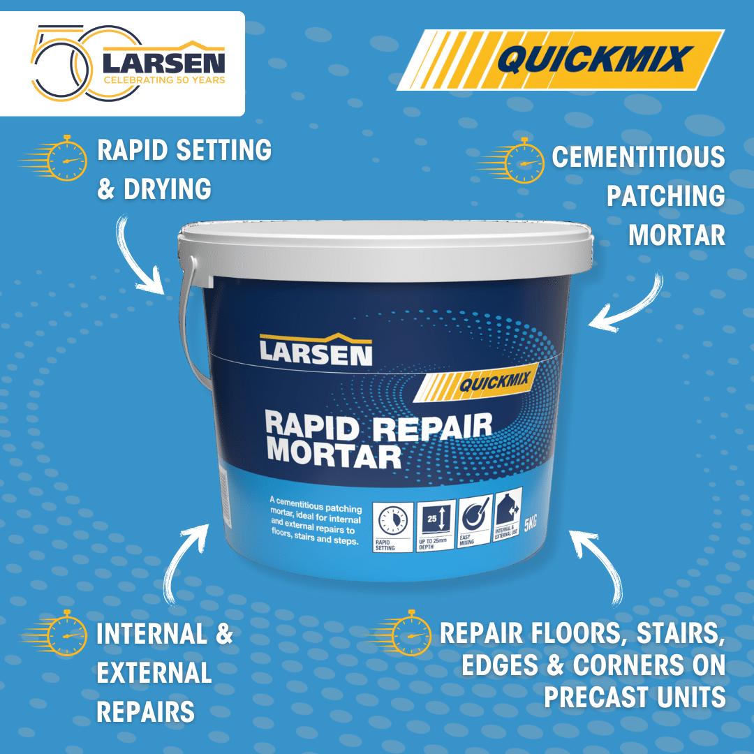 Larsen Quickmix Rapid Repair Mortar product hero — alternative packshot with the pack staged on a clean background to highlight branding.