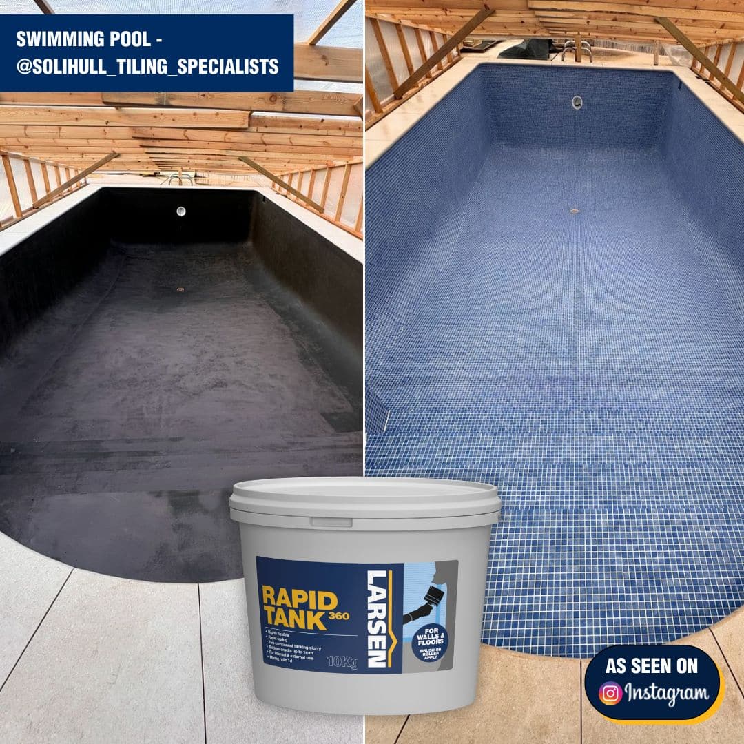 A split-screen before-and-after view of a swimming pool tiling project, showing a black pool floor on the left and a blue tiled pool interior on the right. A large bucket of Larsen Rapid Tank pool tile waterproofing membrane is shown in the foreground.