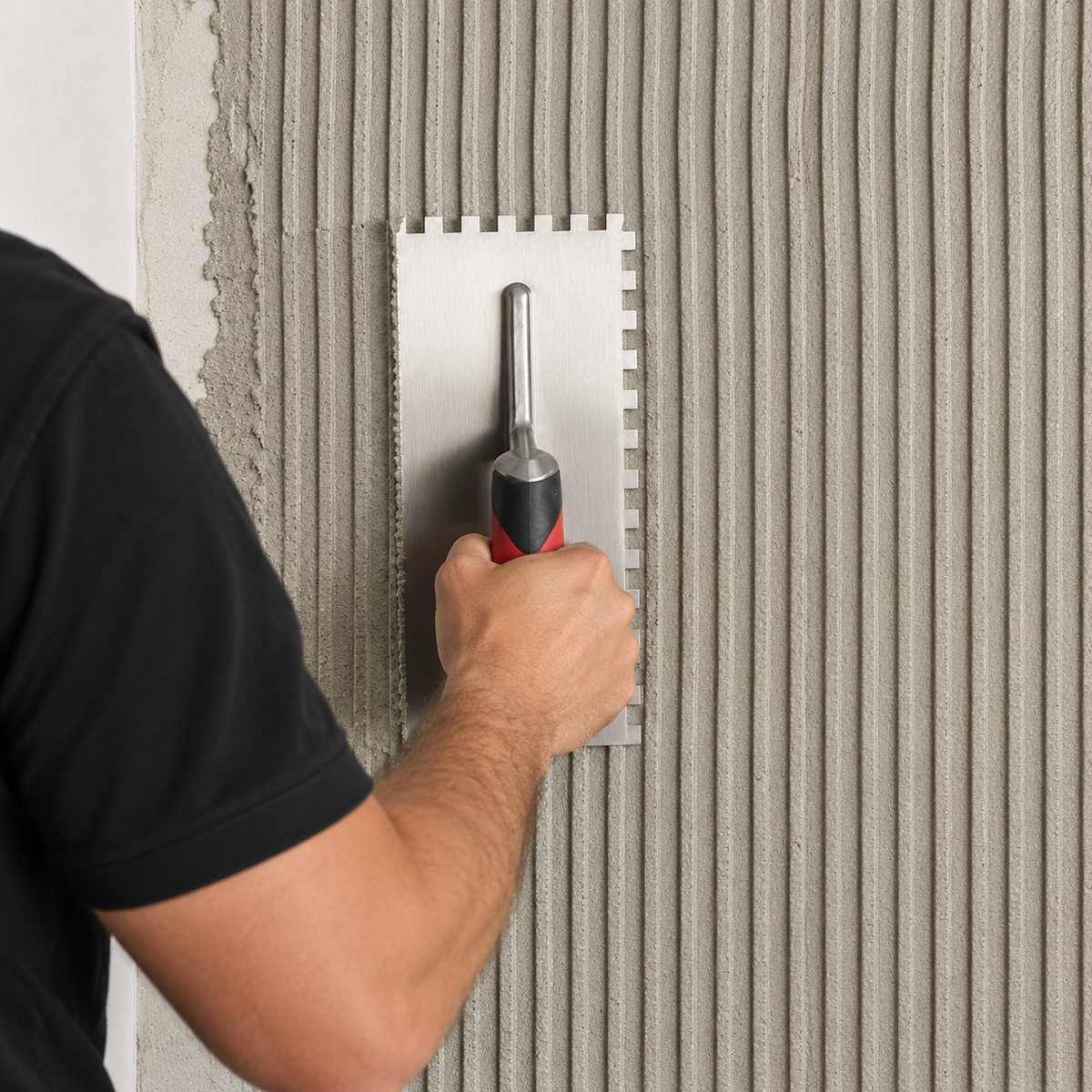 Rubi notched trowel in use spreading tile adhesive for professional tiling