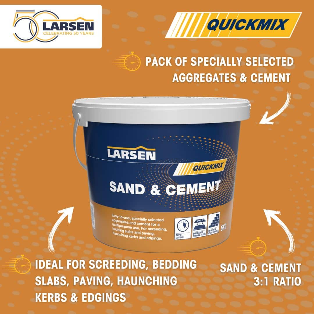 Larsen Quickmix Sand & Cement alternative packshot — pack staged on a clean background to highlight the green Quickmix branding.