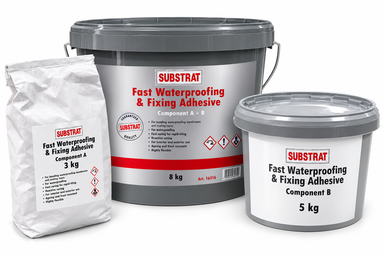 Three SUBSTRAT tanking containers on a white background: a large gray bucket labeled Component B, a white bag labeled Component A, and a smaller gray tub also labeled Component B.