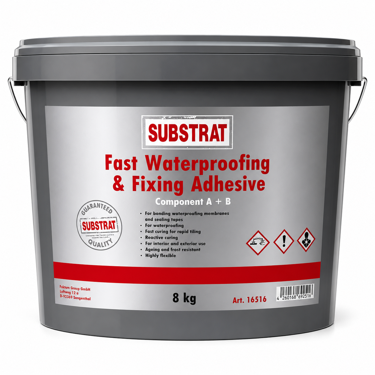 A 8 kg bucket of Substrat Fast Waterproofing & Fixing Adhesive, Component A + B, on a plain white background.