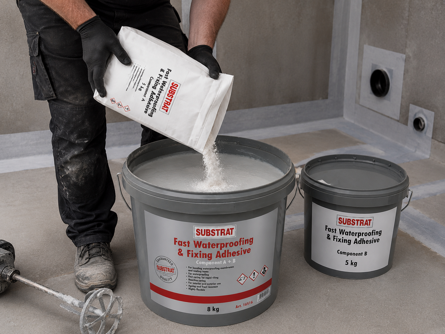 A person wearing black gloves pours white SUBSTRAT fast waterproofing and fixing adhesive from a large white bag into a gray bucket. A smaller gray bucket sits beside it on a concrete floor in an indoor setting.