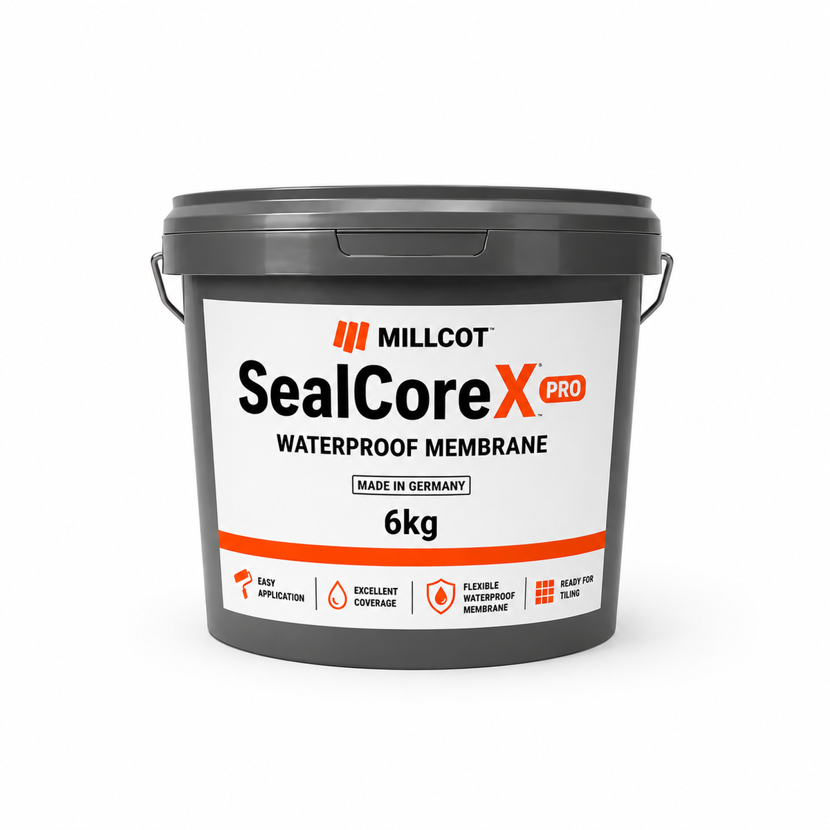 A 6kg bucket of Millcot SealCoreX PRO Waterproof Membrane, featuring a dark gray plastic container with a white and orange label, set against a plain white background.