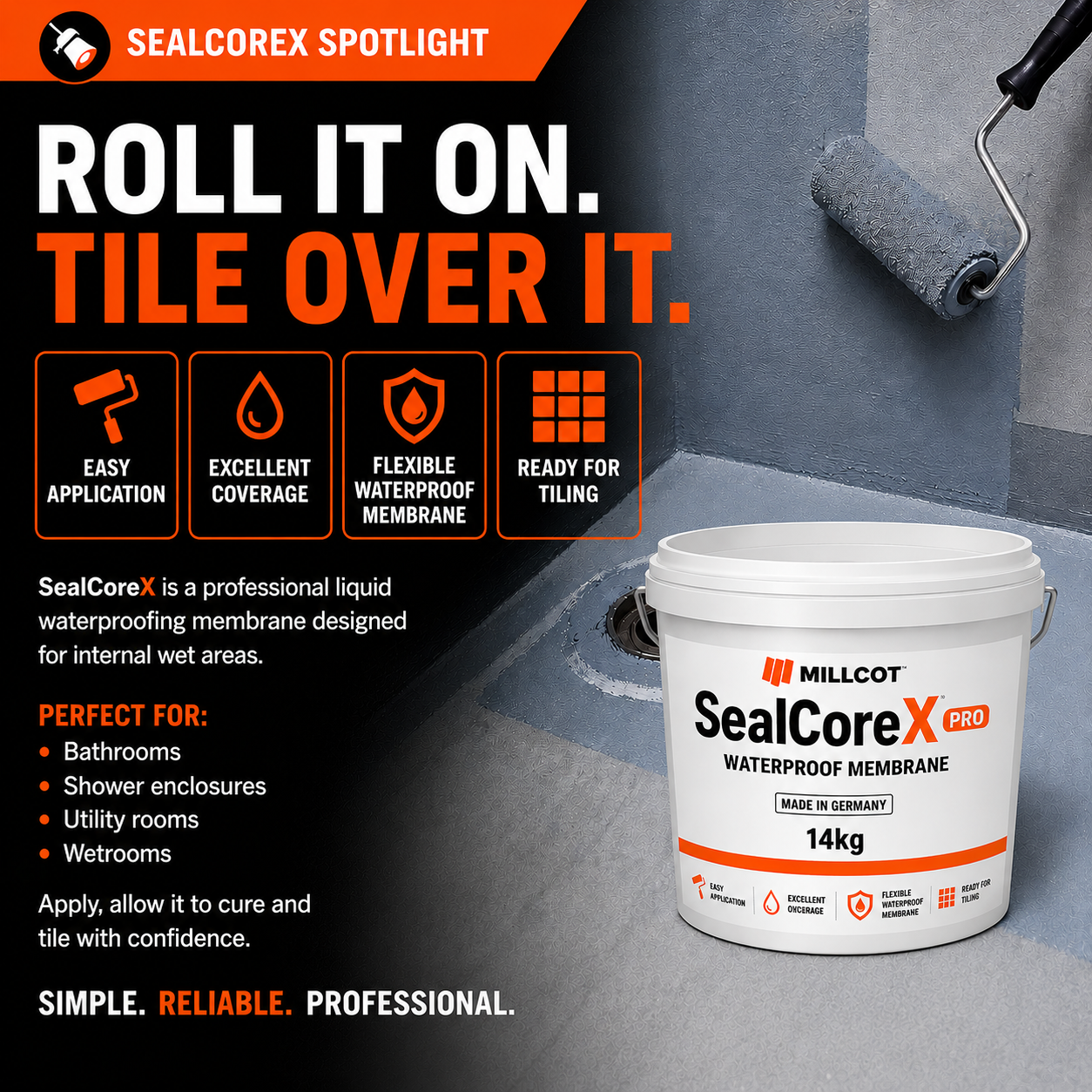 SealCoreX Spotlight promotional graphic with the headline Roll It On. Tile Over It., showing the 14kg SealCoreX Pro tub alongside a paint roller applying grey waterproofing membrane to a wall-floor junction, with feature icons for easy application, excellent coverage, flexible waterproof membrane and ready for tiling