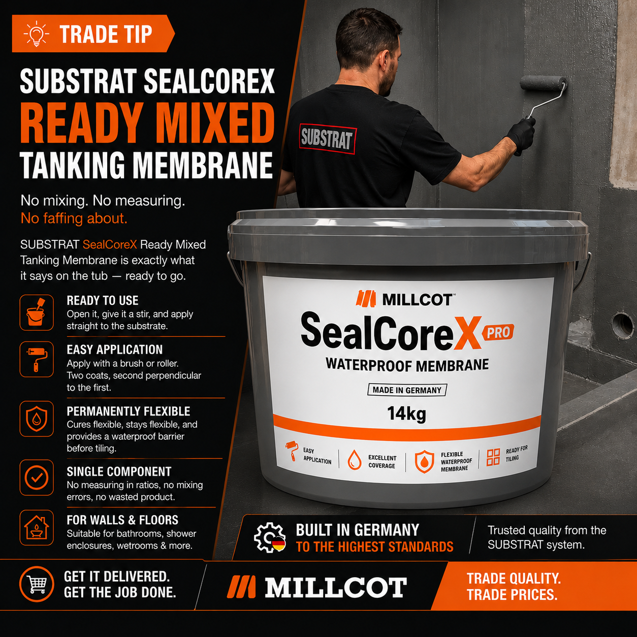 Trade Tip infographic for SUBSTRAT SealCoreX Ready Mixed Tanking Membrane showing a tradesman in black SUBSTRAT workwear rolling waterproofing membrane onto a concrete wall, with the 14kg product tub and key benefits listed: ready to use, easy application, permanently flexible, single component and suitable for walls and floors