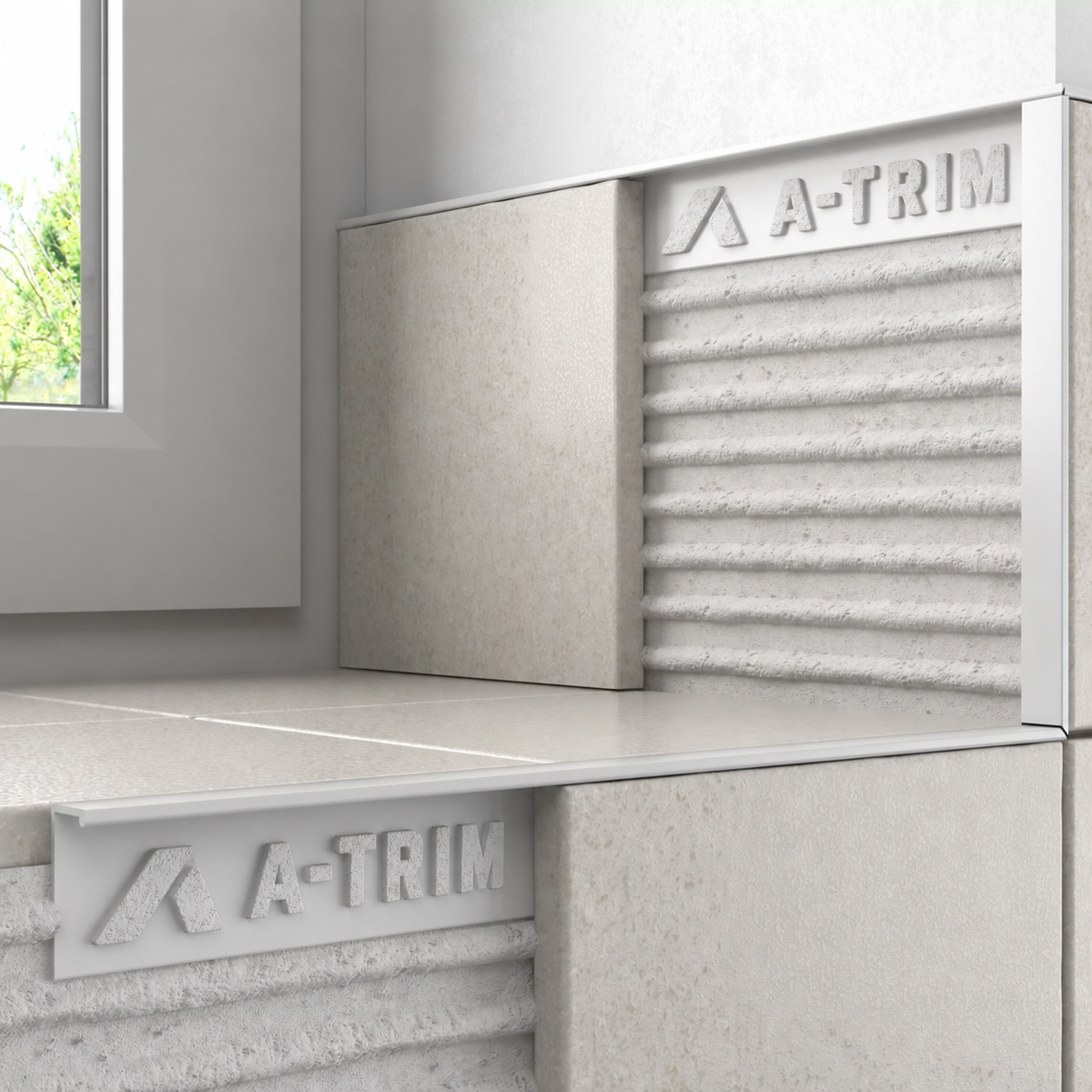 A-Trim white PVC straight edge tile trim installed on wall tile edge