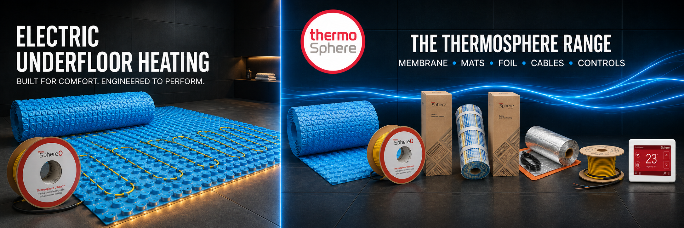 Promotional banner for ThermoSphere electric underfloor heating products, showing blue heated mats and rolls of cable/foil on a dark background with the text 'ELECTRIC UNDERFLOOR HEATING' and 'THE THERMOSPHERE RANGE'.