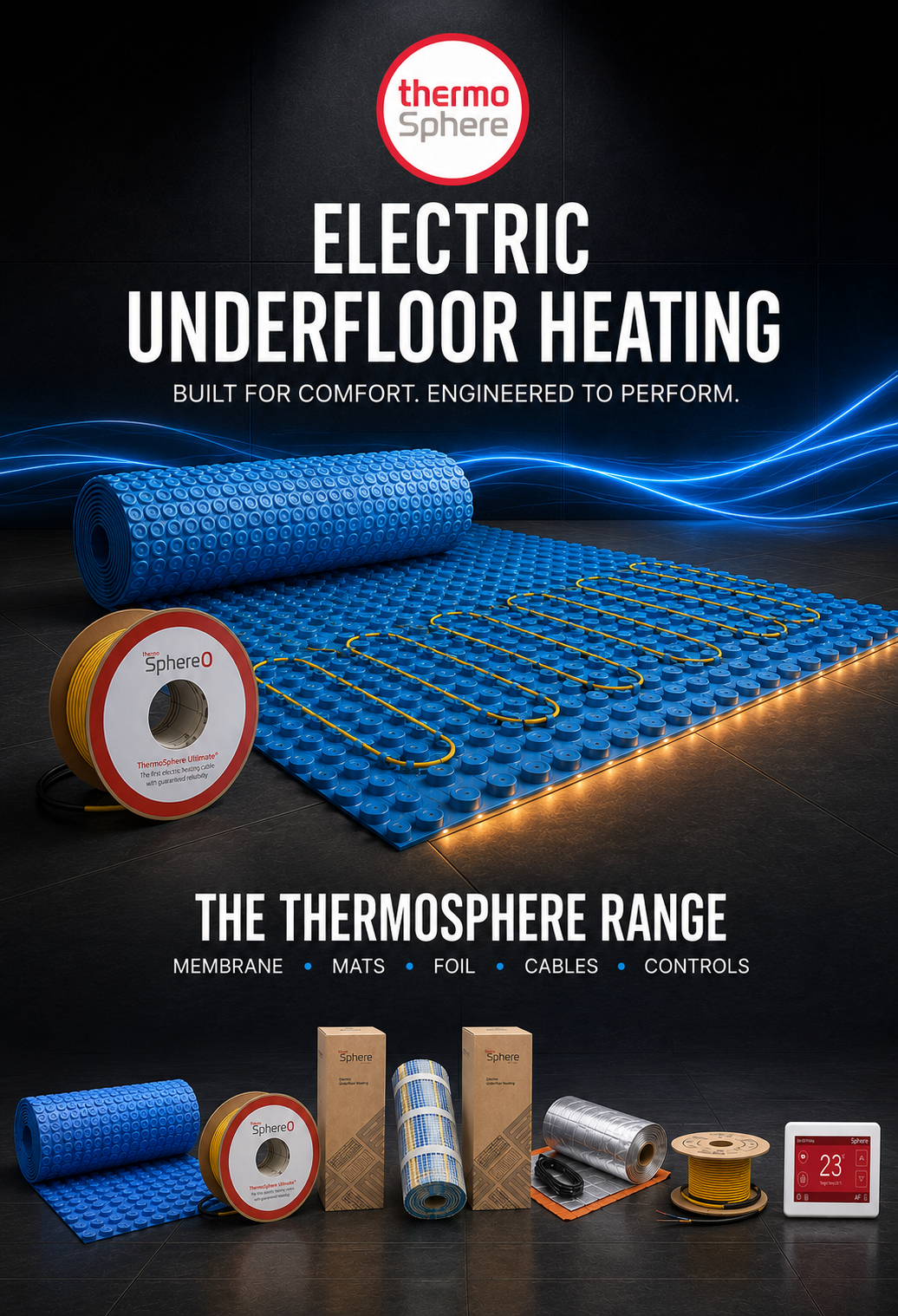 Promotional product graphic for Thermo Sphere electric underfloor heating, showing blue heated mat rolls, foil rolls, cables, and control components on a dark background with glowing blue and orange heat-effect lines. Text includes 'ELECTRIC UNDERFLOOR HEATING' and 'THE THERMOSPHERE RANGE.