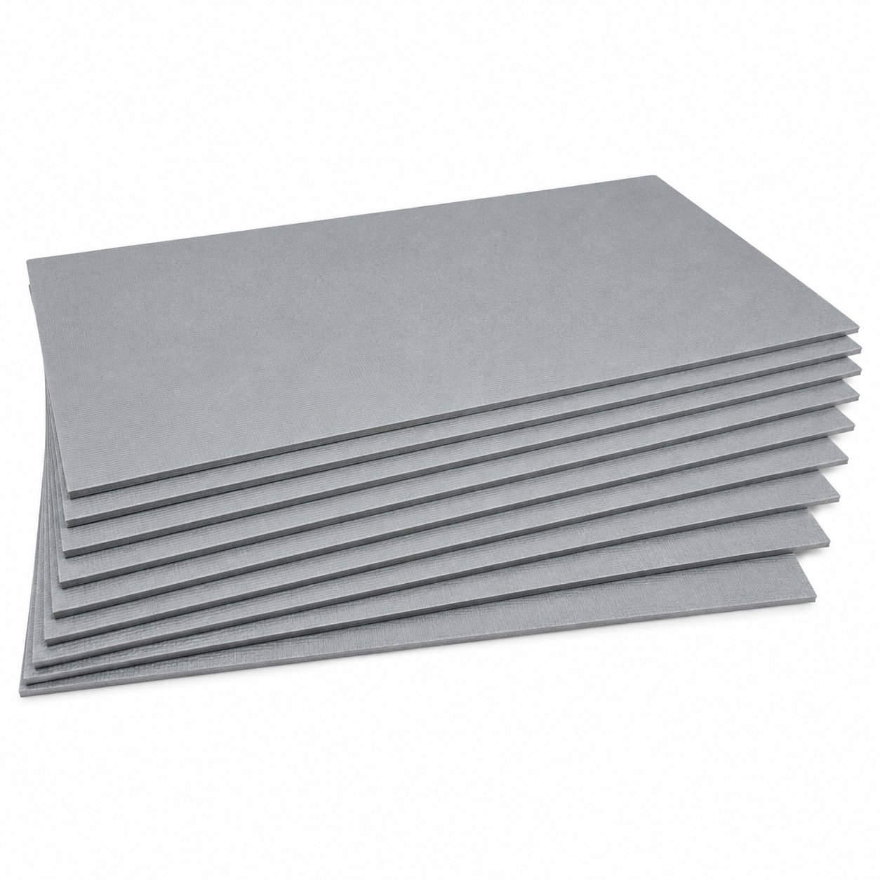Pile of ThermoSphere Cushioning Underlay boards in gray colour.  Photographed on a clean white background.