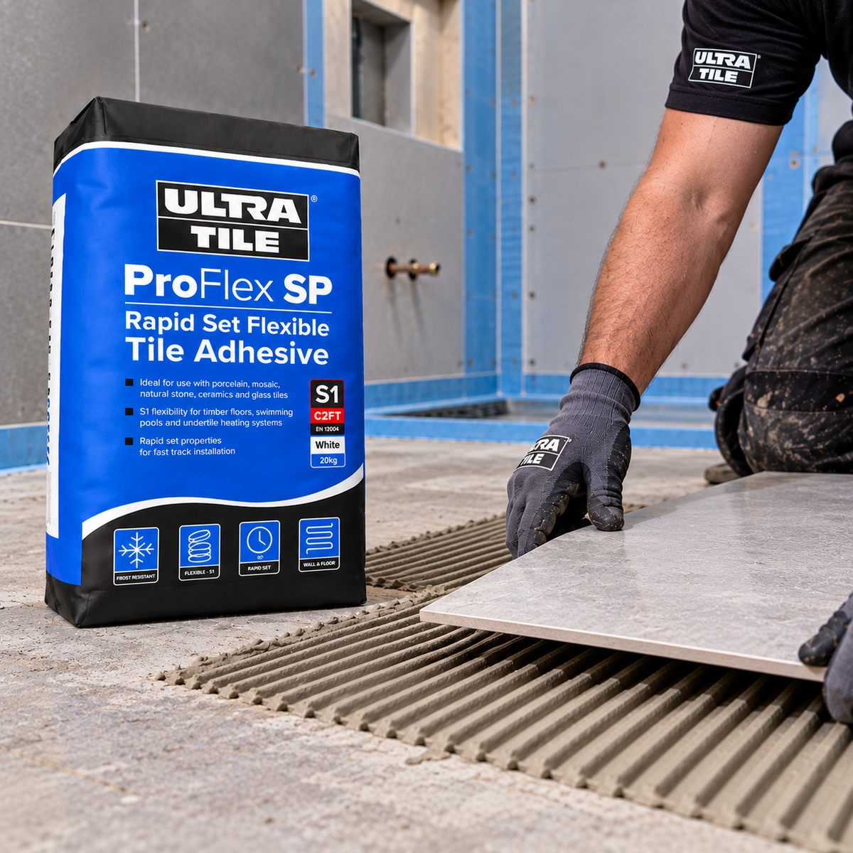 UltraTile ProFlex SP Rapid Set Flexible Tile Adhesive being used to install large format porcelain floor tiles