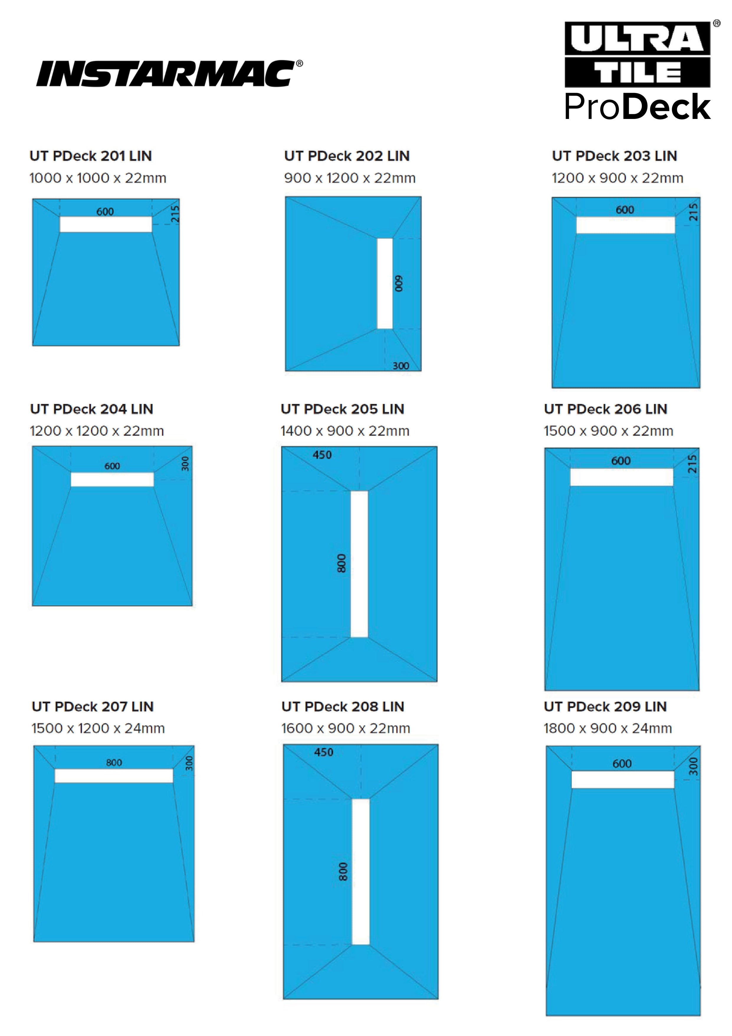 Ultra Tile ProDeck Linear Complete Wetroom System 2026 Price List showing all sizes and Instarmac product codes