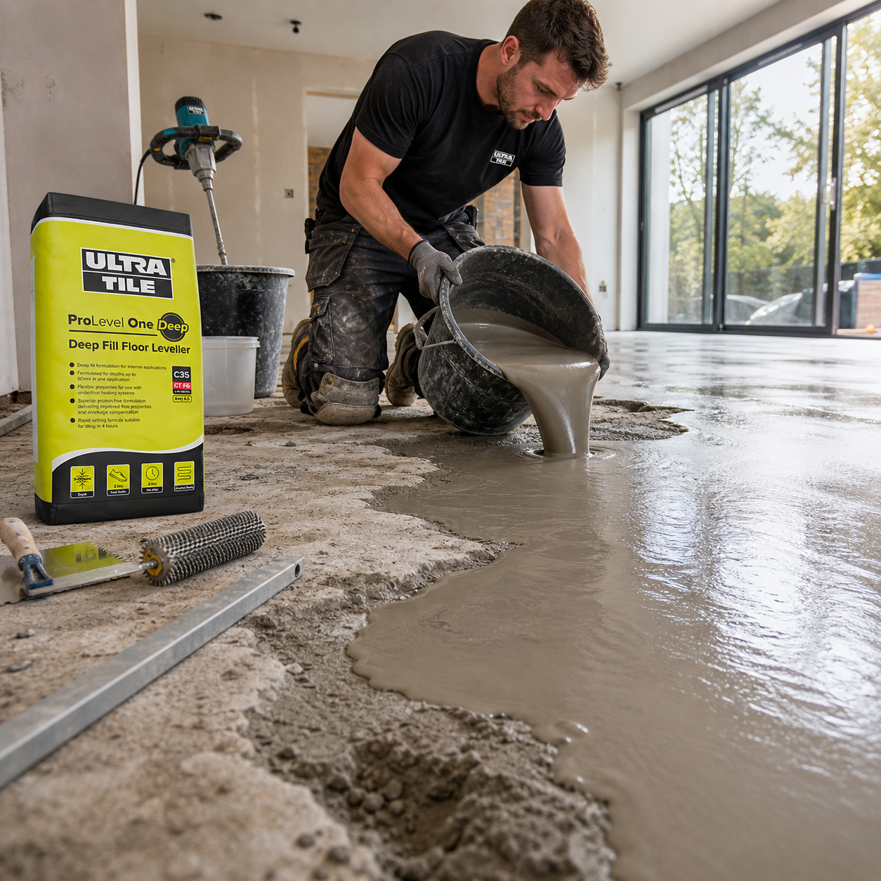 UltraTile ProLevel One Deep Fill Floor Leveller being poured over an uneven concrete floor during a renovation.